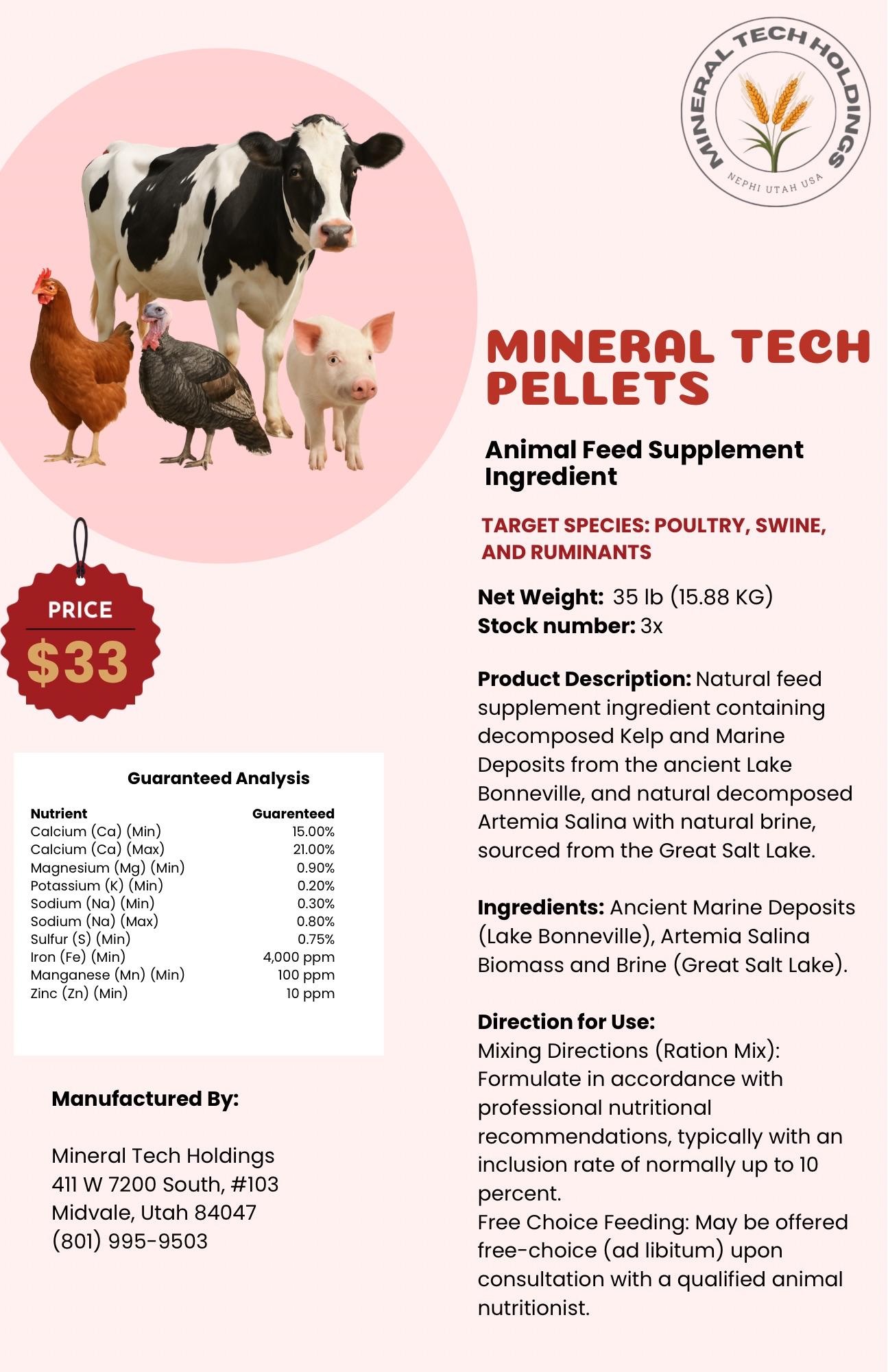 35 pound bag of Mineral Tech calcium rich animal feed supplement pellets