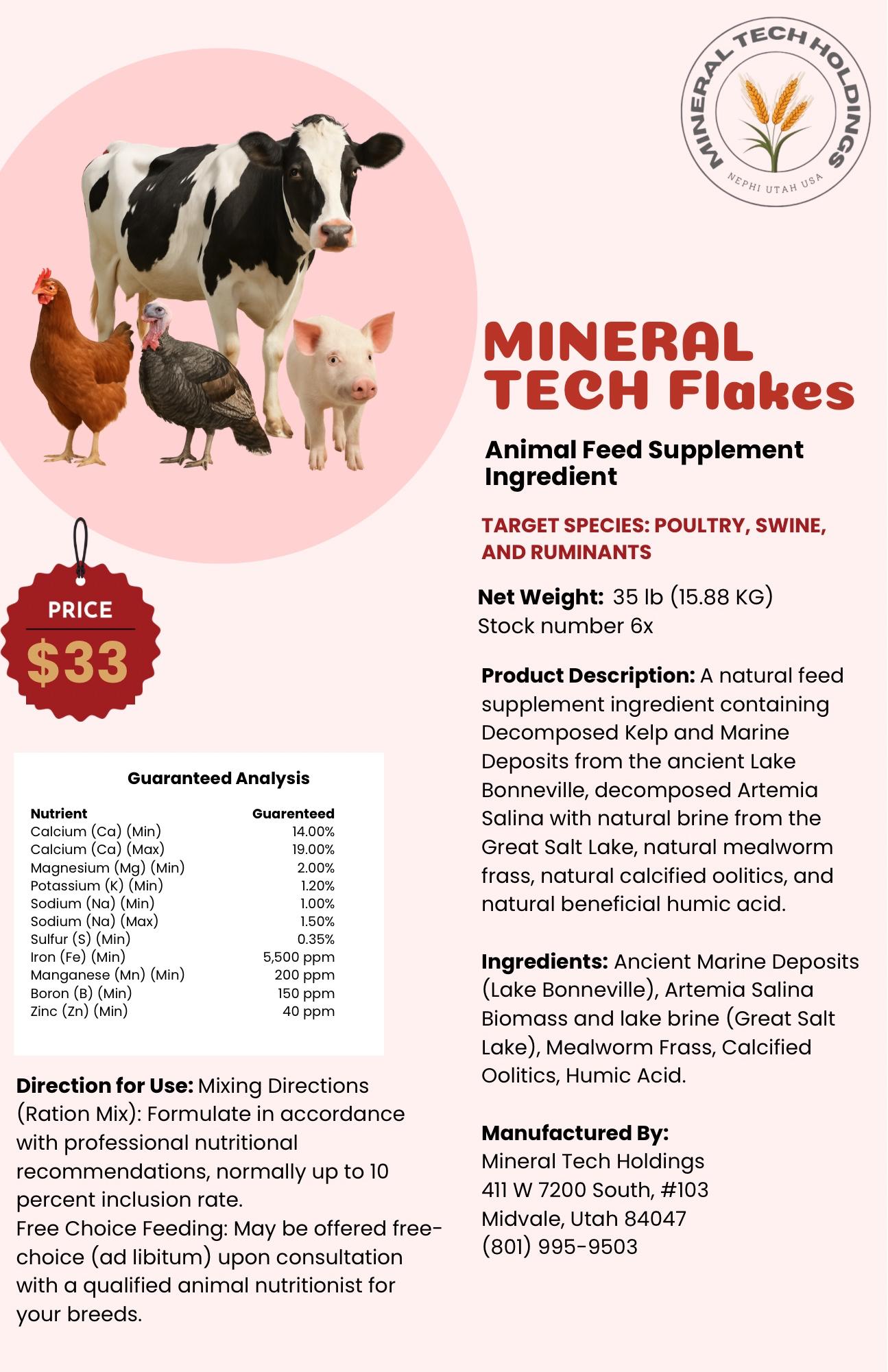 Advertisement for Mineral Tech Flakes animal feed supplement with images of poultry, swine, and a cow.