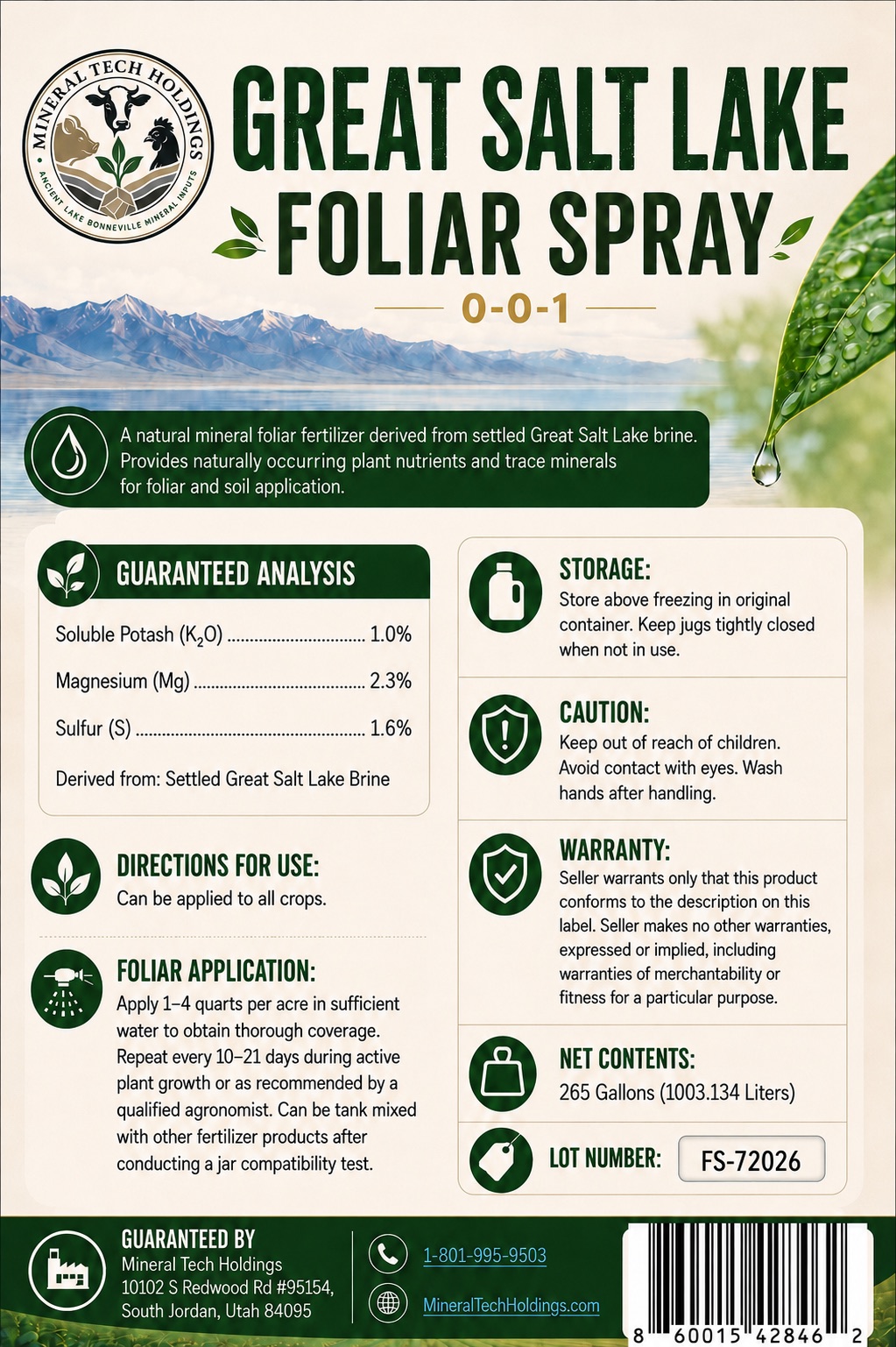 Great Salt Lake Foliar Spray – 265 gallon tote